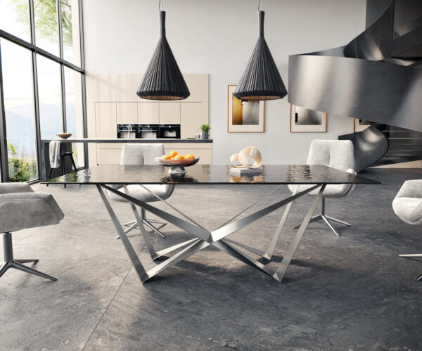 Jídelní stůl Edge 200x100 reliéfní sklo kouřové černé 3D design křížová podnož plochá ocel nerezová ocel - Image 2
