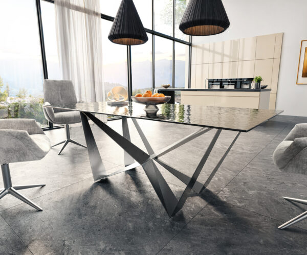 Jídelní stůl Edge 200x100 reliéfní sklo kouřové černé 3D design křížová podnož plochá ocel nerezová ocel - Image 4