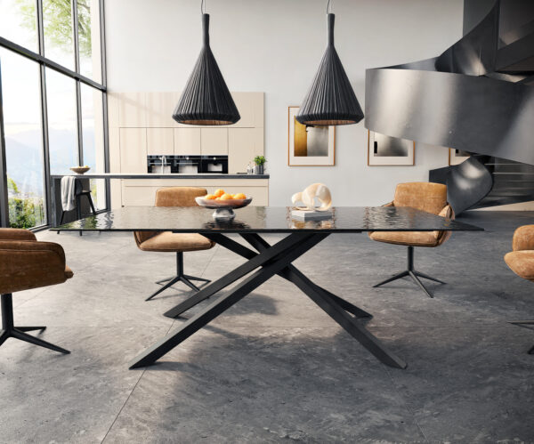 Jídelní stůl Edge 200x100 reliéfní sklo kouřové černé 3D design křížová podnož hranatá černá - Image 2