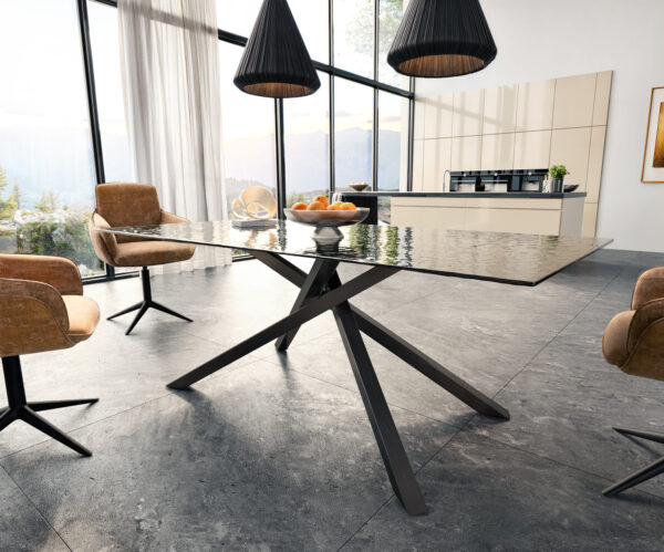 Jídelní stůl Edge 200x100 reliéfní sklo kouřové černé 3D design křížová podnož hranatá černá - Image 4