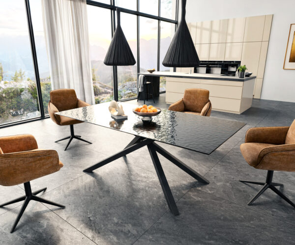 Jídelní stůl Edge 200x100 reliéfní sklo kouřové černé 3D design křížová podnož hranatá černá - Image 6
