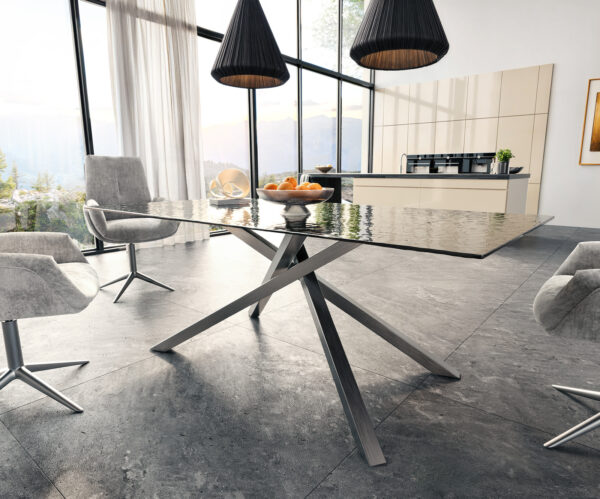 Jídelní stůl Edge 200x100 reliéfní sklo kouřové černé 3D design křížová podnož hranatá nerezová ocel - Image 4