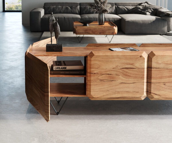 TV stolek Kiano 220 cm přírodní akácie 4 dvířka podnož ve tvaru "V" černá oboustranný - Image 6