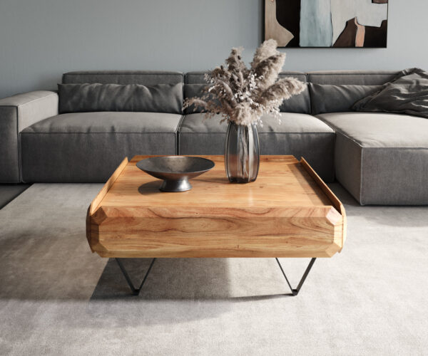 Konferenční stolek Kiano 90x90 cm přírodní akácie 2 zásuvky podnož ve tvaru "V" černá - Image 2