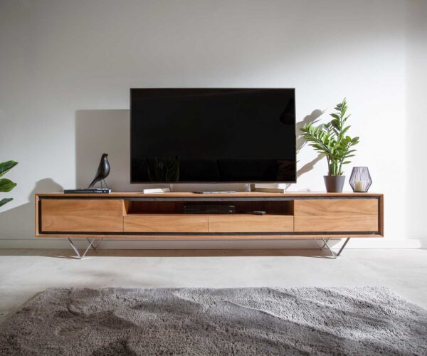 TV stolek Stonegrace 240 cm akácie přírodní 2 dvířka 1 přihrádka 2 zásuvky kamenina podnož ve tvaru "V" - Image 2