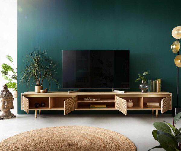 TV stolek Budaya mango přírodní 260 cm 4 dvířka 2 přihrádky podnož kulatá - Image 4