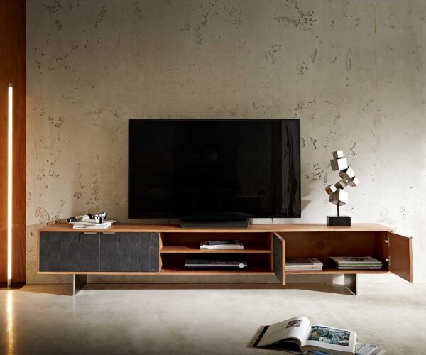 TV stolek Teele 240 cm přírodní akácie břidlice 4 dvířka podnož nerezová ocel - Image 6
