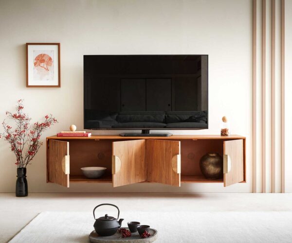 TV stolek Surimu 175x40x40 cm akácie světle hnědá 4 dvířka korkové madlo závěsné - Image 4