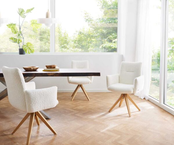 Otočná židle Jova-Flex s područkami dřevěná podnož hranatá bouclé bílá 180° taštičkové pružiny - Image 6