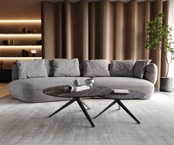Konferenční stolek Delron 90x90 cm keramika křížová podnož Laminam®Noir Desir hnědá plochá kov s titanovým efektem - Image 7
