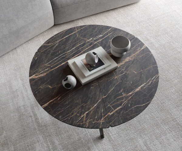 Konferenční stolek Delron 90x90 cm keramika křížová podnož Laminam®Noir Desir hnědá plochá kov s titanovým efektem - Image 5