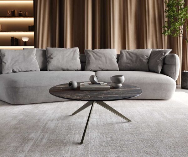 Konferenční stolek Delron 90x90 cm keramika křížová podnož Laminam®Noir Desir hnědá plochá kov s titanovým efektem - Image 2