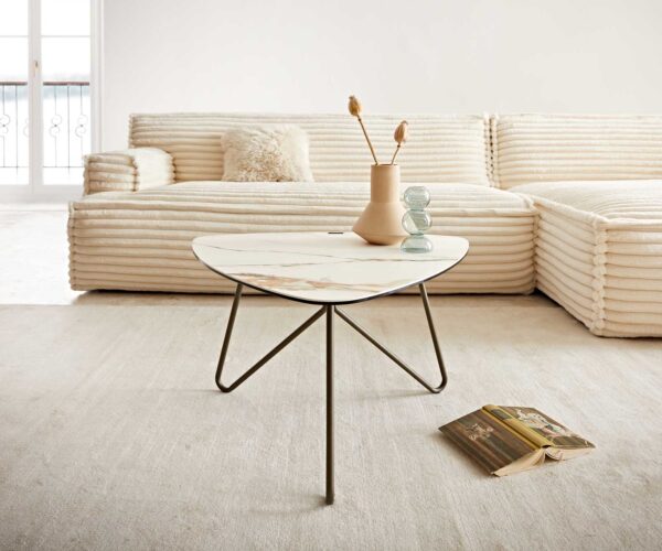 Konferenční stolek Ekrem 65x40 cm keramika Calaccatta Luxe bílo-zlato-šedá křížová podnož kulatá kov titanová úprava - Image 2
