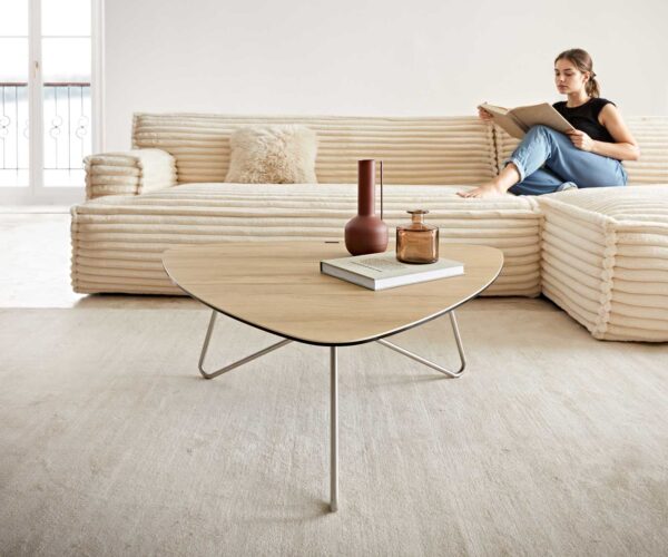 Konferenční stolek Ekrem 85x35 cm keramika křížová podnož Laminam® Sabbia v barvě dubu kulatá z nerezové oceli - Image 2