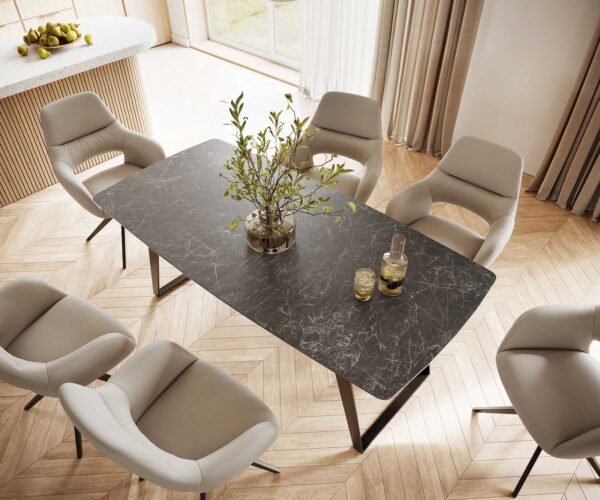 Jídelní stůl Edge 200x100 cm keramika zaoblená Laminam® Nero Greco šedá šikmá podnož kov černá - Image 4
