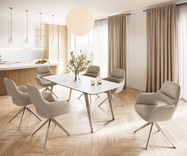 Jídelní stůl Edge 200x100 cm keramika zaoblená Laminam® Statuarettio bílá šikmá podnož nerezová ocel - Image 6