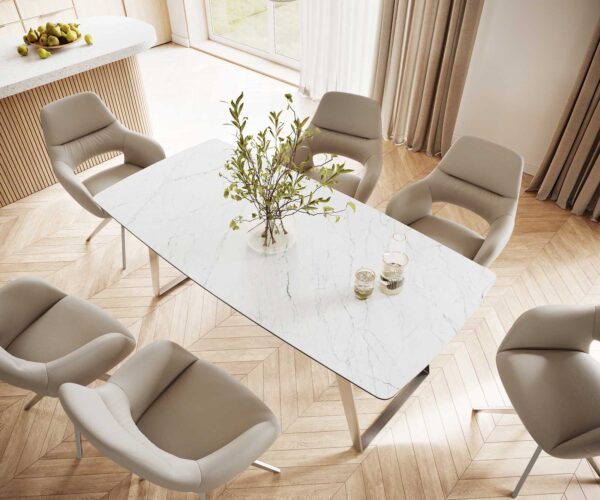 Jídelní stůl Edge 200x100 cm keramika zaoblená Laminam® Statuarettio bílá šikmá podnož nerezová ocel - Image 4