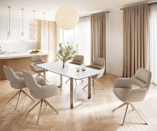 Jídelní stůl Edge 200x100 cm keramika zaoblená Laminam® Statuarettio bílá úzká podnož nerezová ocel - Image 6