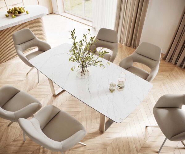 Jídelní stůl Edge 200x100 cm keramika zaoblená Laminam® Statuarettio bílá úzká podnož nerezová ocel - Image 4