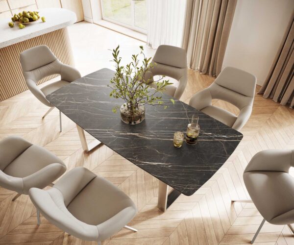 Étkezőasztal Edge hajóformájú 200x100 cm Laminam® Noir Desir barna kerámia rozsdamentes acél keskeny - Image 4