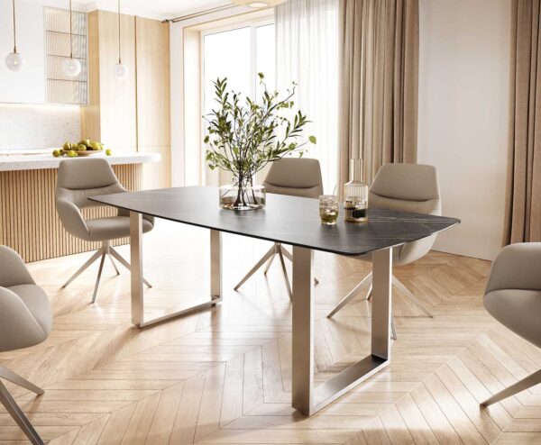 Étkezőasztal Edge hajóformájú 200x100 cm Laminam® Noir Desir barna kerámia rozsdamentes acél keskeny