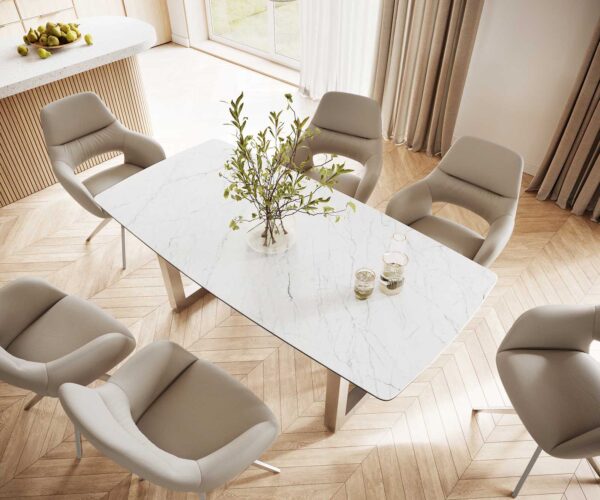 Jídelní stůl Edge 200x100 cm keramika zaoblená Laminam® Statuarettio bílá široká podnož nerezová ocel - Image 4