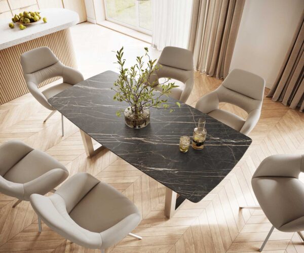 Étkezőasztal Edge hajóformájú 200x100 cm Laminam® kerámia Noir Desir barna rozsdamentes acél széles - Image 4