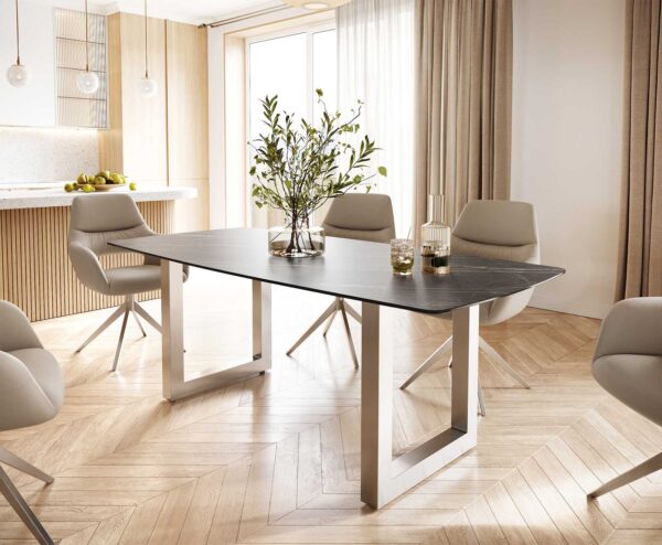 Étkezőasztal Edge hajóformájú 200x100 cm Laminam® kerámia Noir Desir barna rozsdamentes acél széles