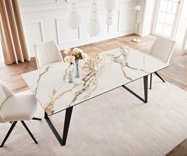 Jídelní stůl Edge 200x100 keramika Calacatta Luxe bílo-zlato-šedá kovová zkosená černá - Image 6