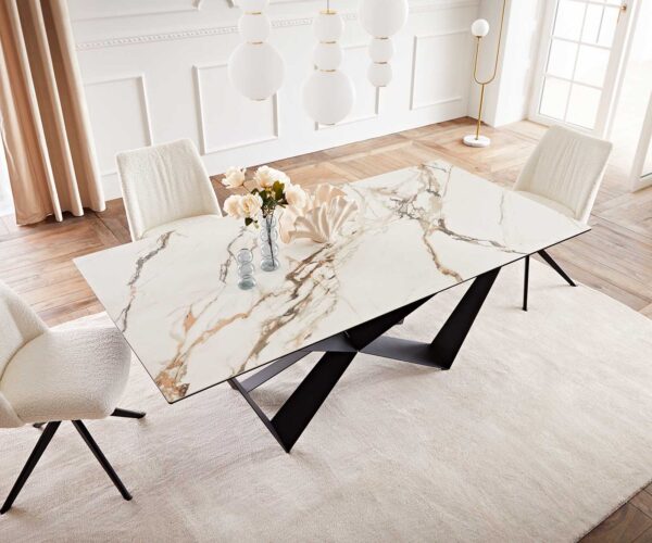 Jídelní stůl Edge 200x100 keramika Calacatta Luxe bílo-zlato-šedá křížová podnož plochá černá - Image 6
