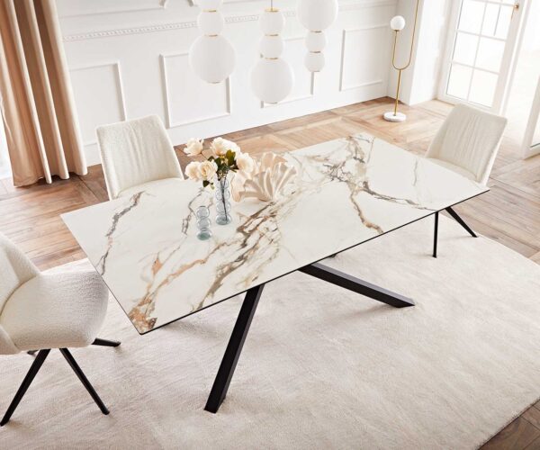 Jídelní stůl Edge 200x100 keramika Calacatta Luxe bílo-zlato-šedá křížová podnož hranatá černá - Image 6
