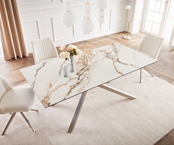 Jídelní stůl Edge 200x100 keramika Calacatta Luxe bílo-zlato-šedá křížová podnož hranatá z nerezové oceli - Image 6