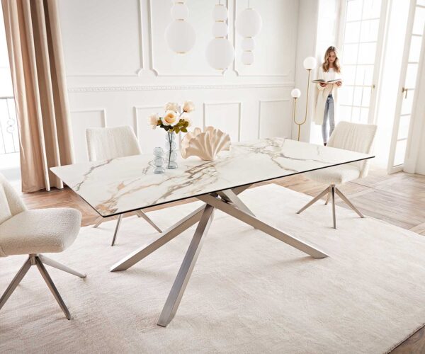 Jídelní stůl Edge 200x100 keramika Calacatta Luxe bílo-zlato-šedá křížová podnož hranatá z nerezové oceli - Image 2