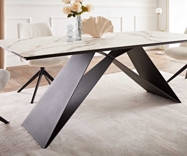 Jídelní stůl Edge 200x100 keramika Calacatta Luxe bílo-zlatošedá podnož ve tvaru "V" plochá ocel černá - Image 7