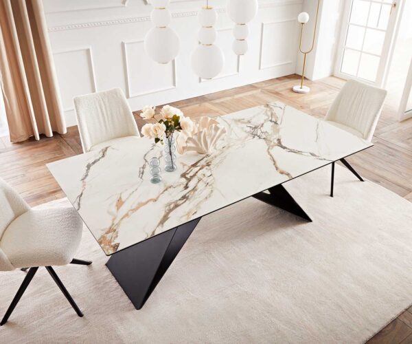 Jídelní stůl Edge 200x100 keramika Calacatta Luxe bílo-zlatošedá podnož ve tvaru "V" plochá ocel černá - Image 6