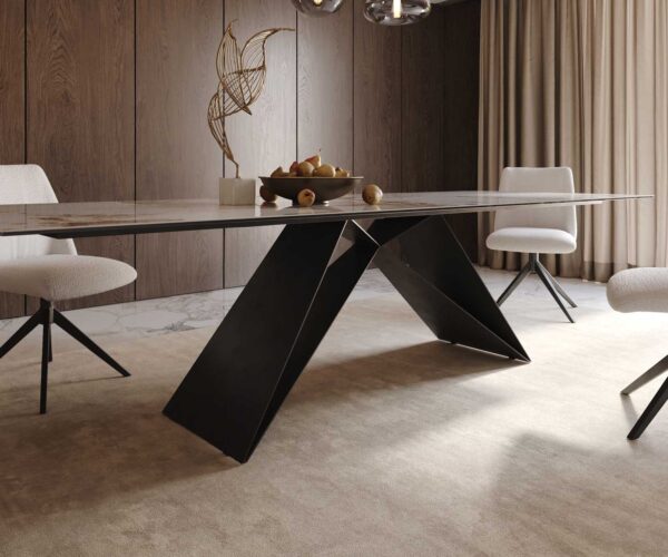 Jídelní stůl Edge 300x100 keramika minas melange bílo-béžová podnož ve tvaru "V" plochá ocel černá - Image 7