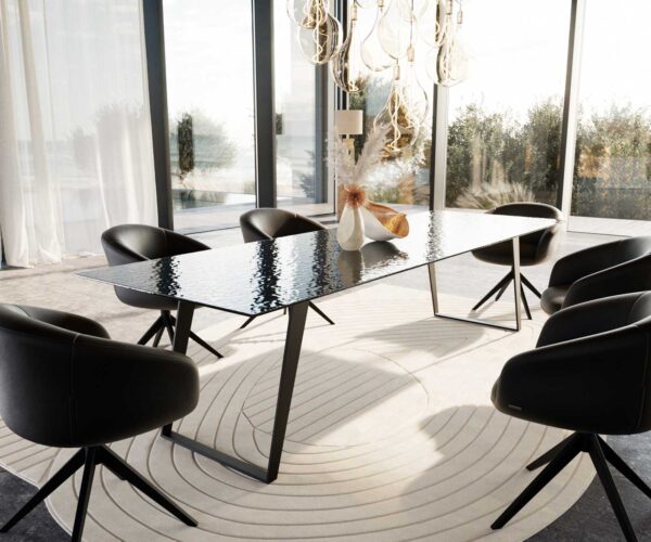 Jídelní stůl Edge 300x100 Reliéfní sklo kouřově černá 3D design kov zkosená černá - Image 9