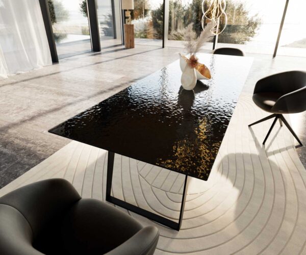 Jídelní stůl Edge 300x100 Reliéfní sklo kouřově černá 3D design kov zkosená černá - Image 7