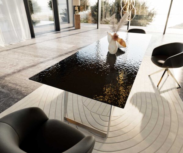 Jídelní stůl Edge 300x100 Reliéfní sklo kouřově černá 3D design nerezová ocel hranatá - Image 7
