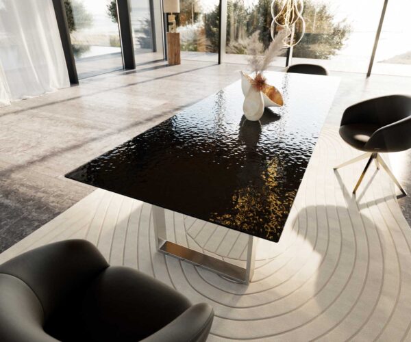 Jídelní stůl Edge 300x100 Reliéfní sklo kouřové černá 3D design nerezová ocel úzká - Image 7