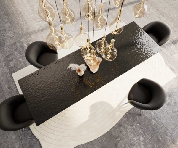 Jídelní stůl Edge 300x100 Reliéfní sklo kouřové černá 3D design nerezová ocel úzká - Image 5