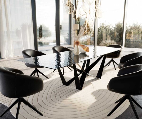 Jídelní stůl Edge 300x100 Reliéfní sklo kouřově černá 3D design podnož plochá steel černá - Image 9
