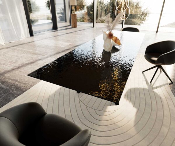 Jídelní stůl Edge 300x100 reliéfní sklo kouřové černá 3D design křížová podnož obdélník černá - Image 7