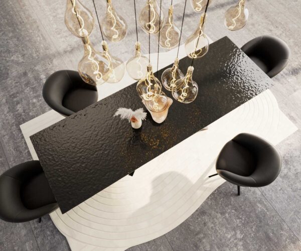 Jídelní stůl Edge 300x100 reliéfní sklo kouřové černá 3D design křížová podnož obdélník černá - Image 5
