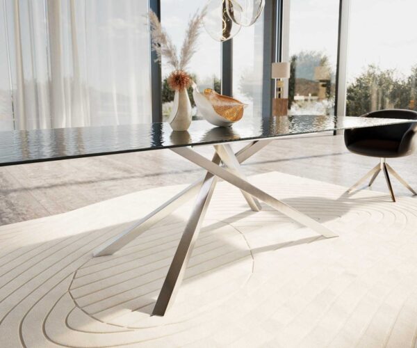 Jídelní stůl Edge 300x100 reliéfní sklo kouřové černá 3D design křížová podnož obdélníková nerezová ocel - Image 6