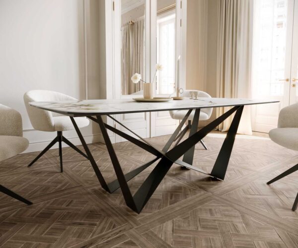 Jídelní stůl Edge oválný 200x100 keramika Calacatta Luxe bílo-zlato-šedá křížová podnož plochá černá - Image 6