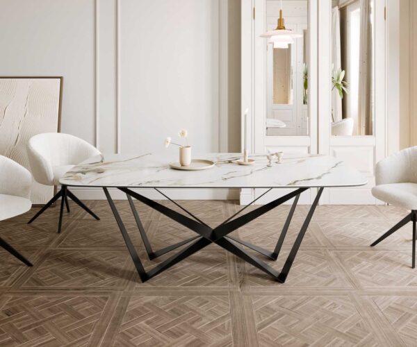 Jídelní stůl Edge oválný 200x100 keramika Calacatta Luxe bílo-zlato-šedá křížová podnož plochá černá - Image 2