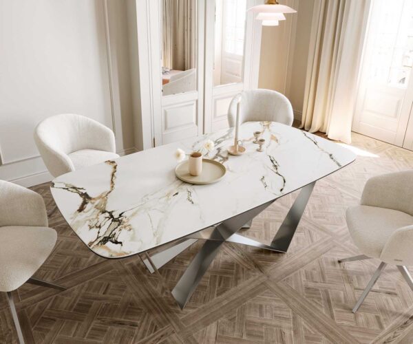 Jídelní stůl Edge oválný 200x100 keramika Calacatta Luxe bílo-zlato-šedá křížová plochá ocel nerezová - Image 5