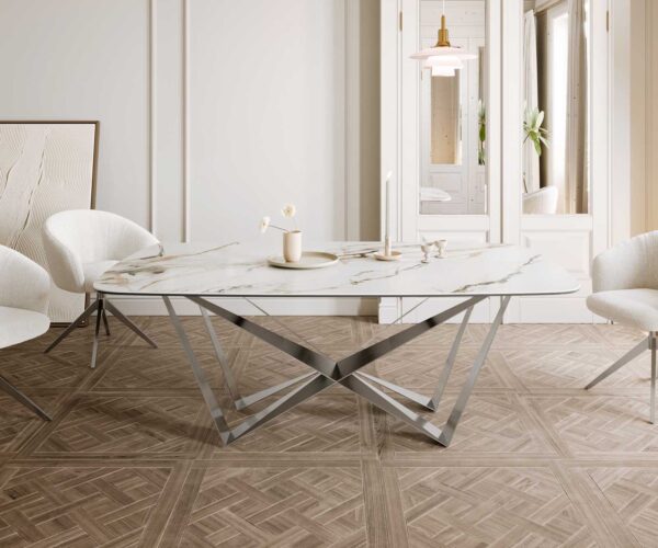 Jídelní stůl Edge oválný 200x100 keramika Calacatta Luxe bílo-zlato-šedá křížová plochá ocel nerezová - Image 2
