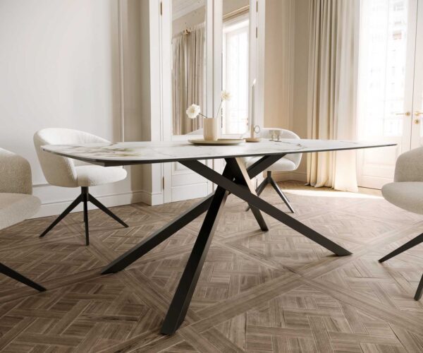 Jídelní stůl Edge oválný 200x100 keramika Calacatta Luxe bílo-zlato-šedá křížová podnož hranatá černá - Image 6